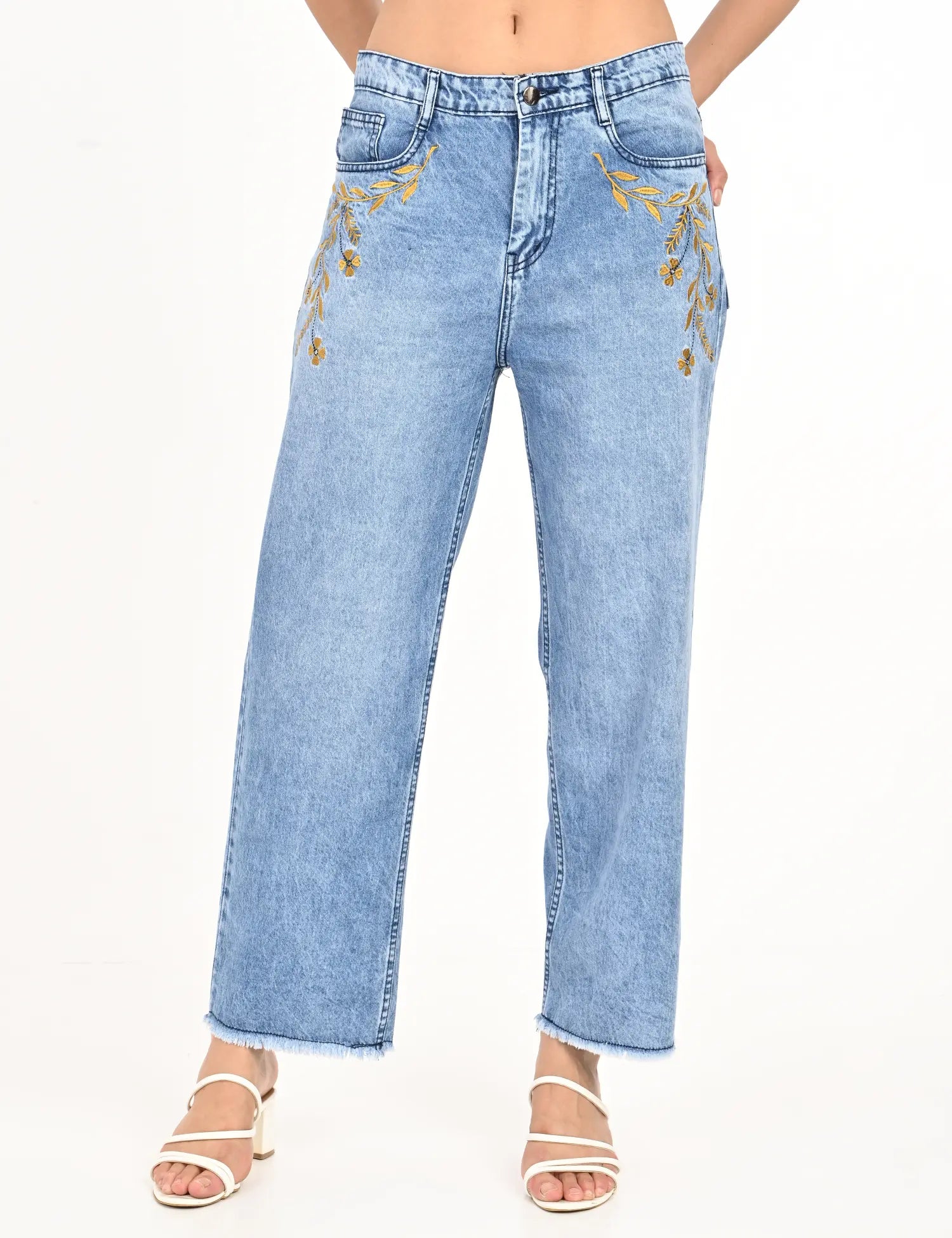 Embroidered High-Rise Wide-Leg Denim Jeans