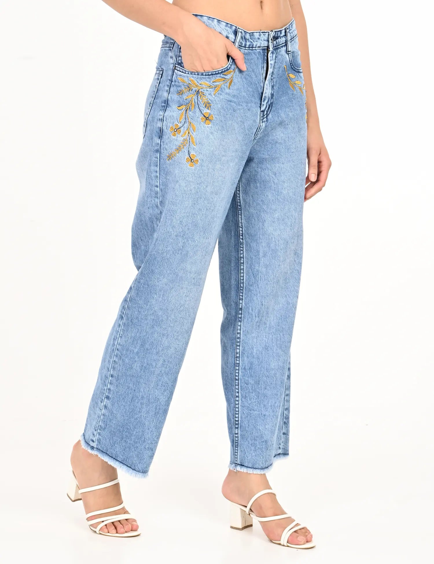 Embroidered High-Rise Wide-Leg Denim Jeans