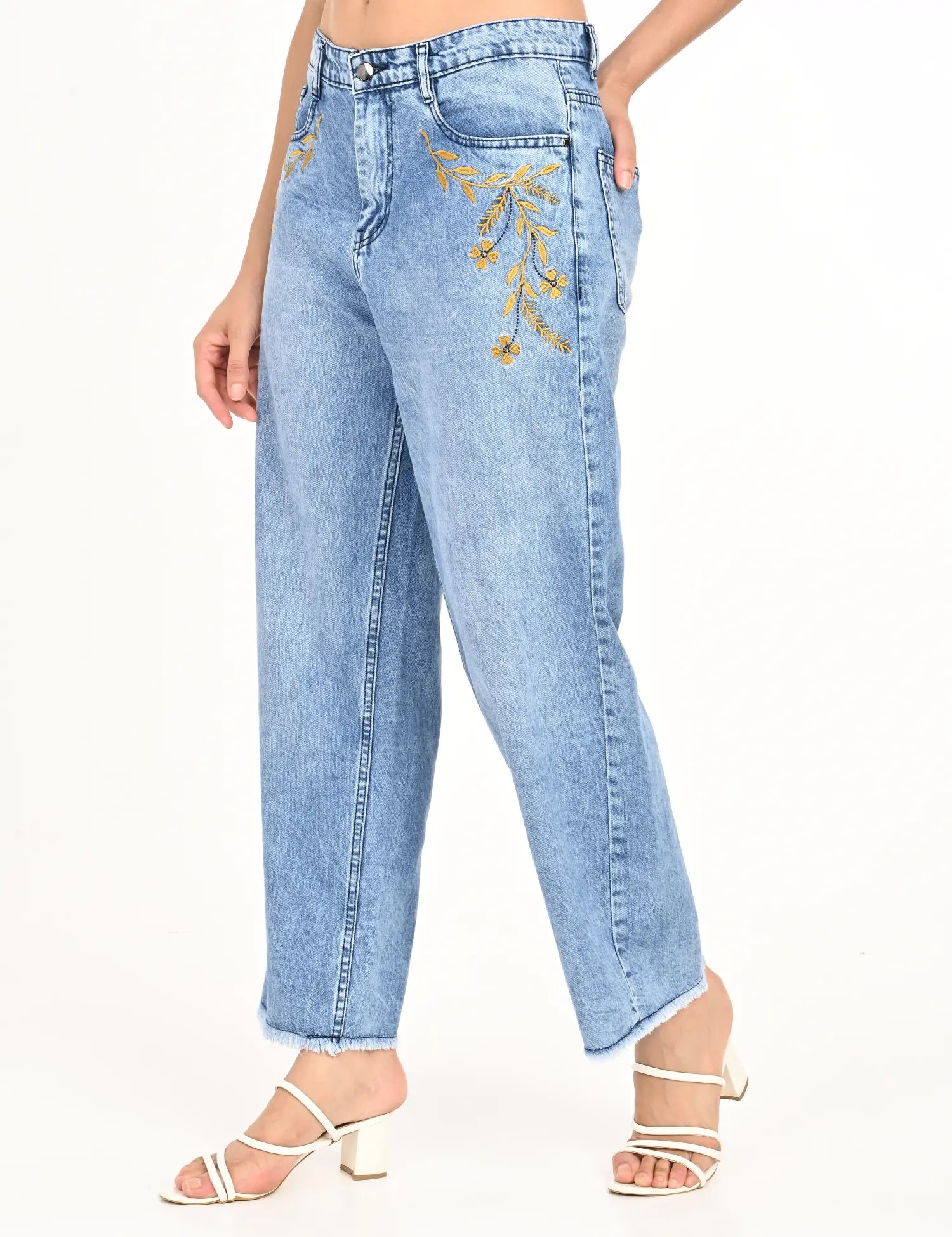 Embroidered High-Rise Wide-Leg Denim Jeans