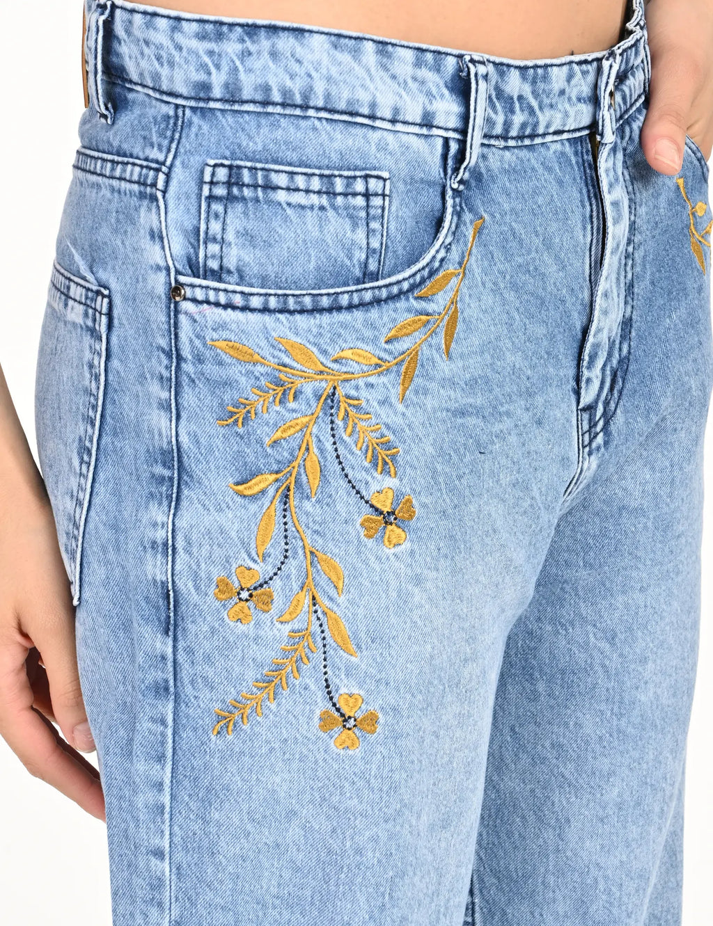 Embroidered High-Rise Wide-Leg Denim Jeans
