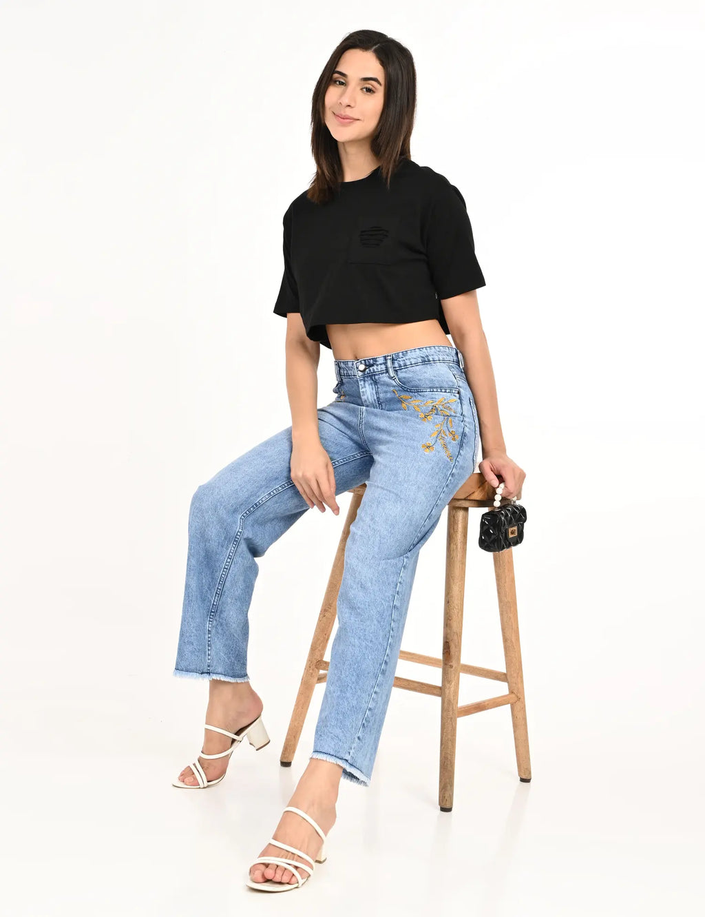 Embroidered High-Rise Wide-Leg Denim Jeans