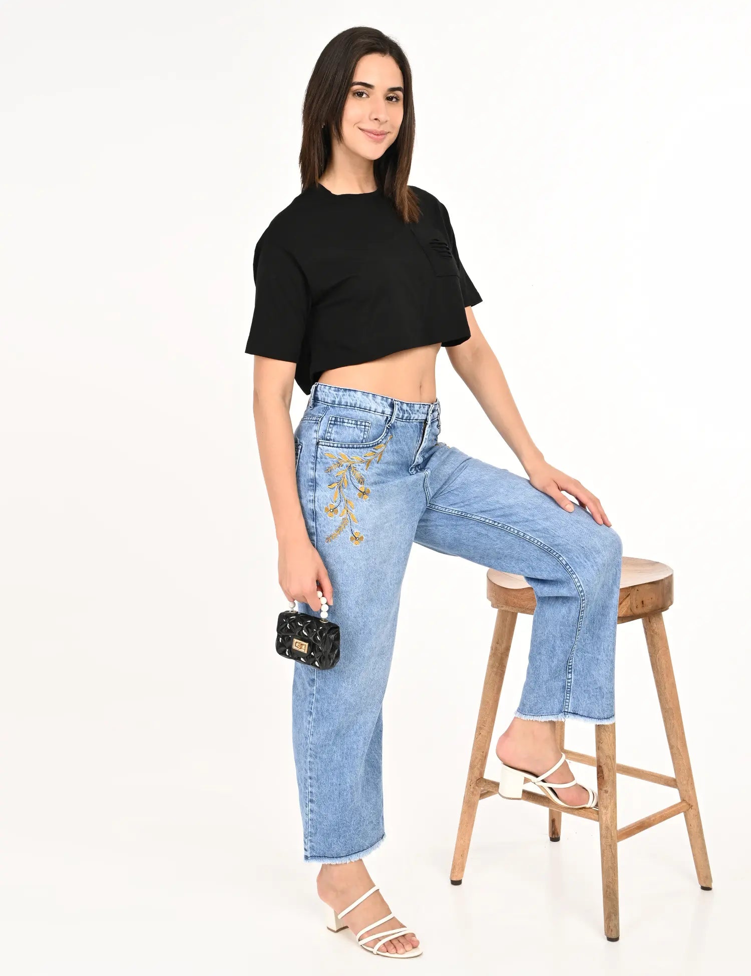 Embroidered High-Rise Wide-Leg Denim Jeans