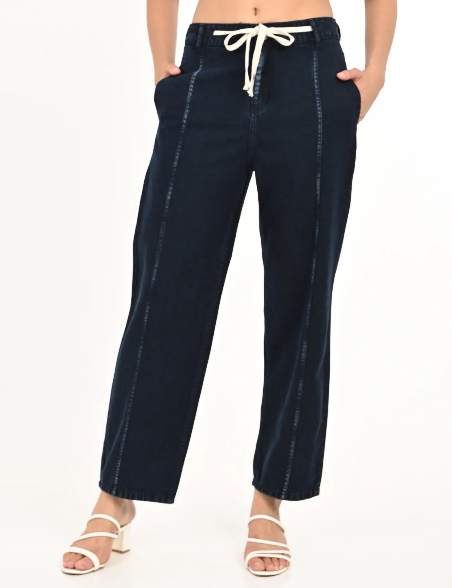 Dark Blue High-Rise Denim Jogger Pants with Drawstring