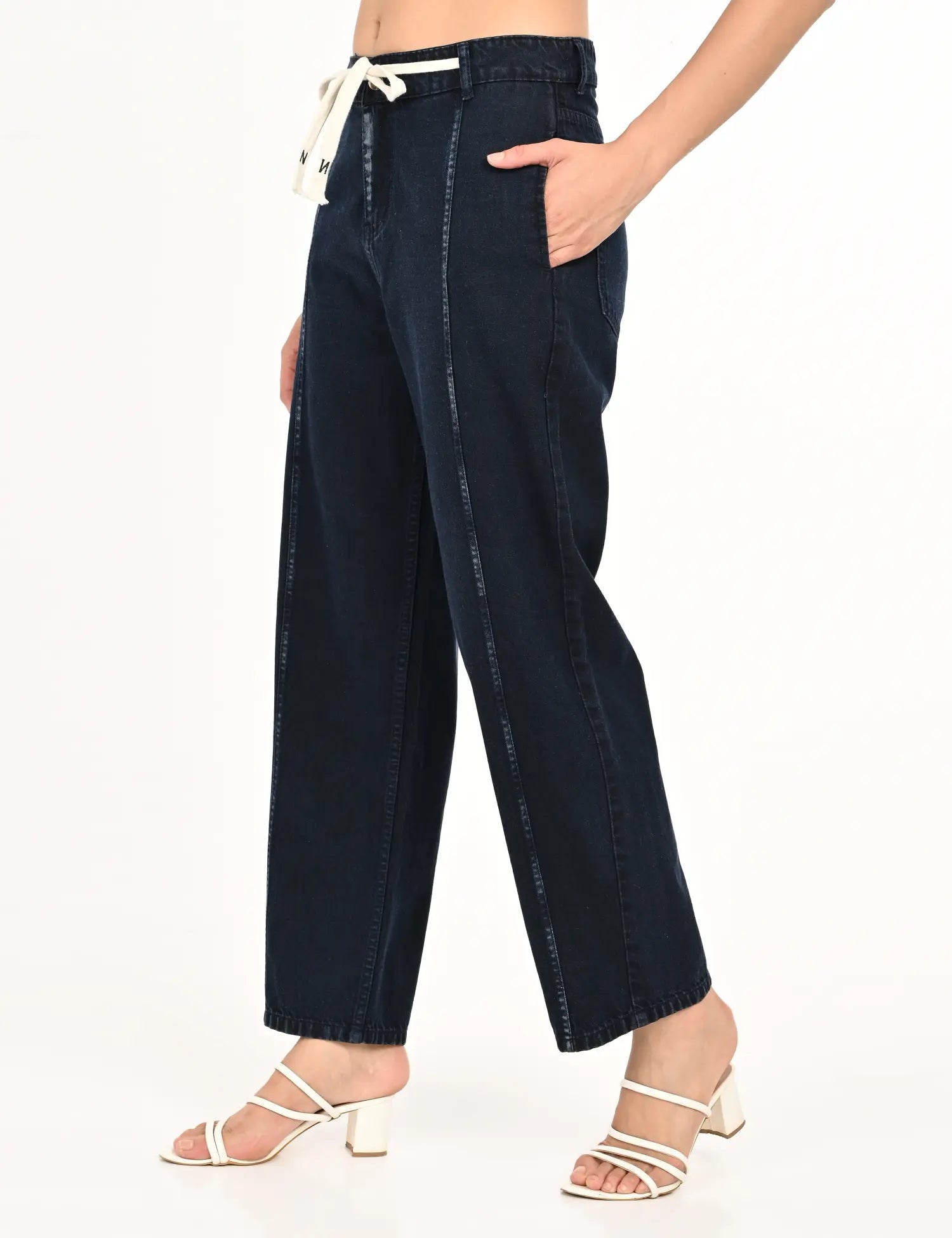 Dark Blue High-Rise Denim Jogger Pants with Drawstring