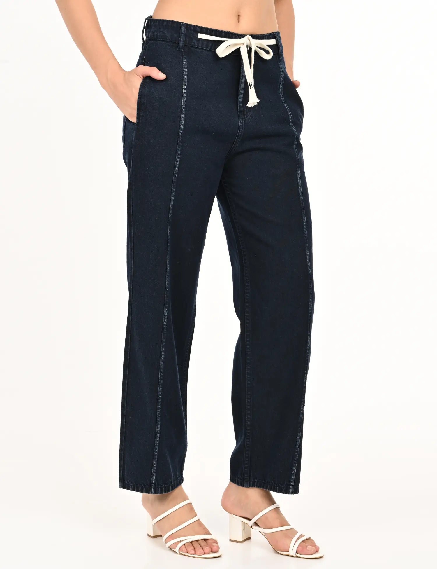 Dark Blue High-Rise Denim Jogger Pants with Drawstring