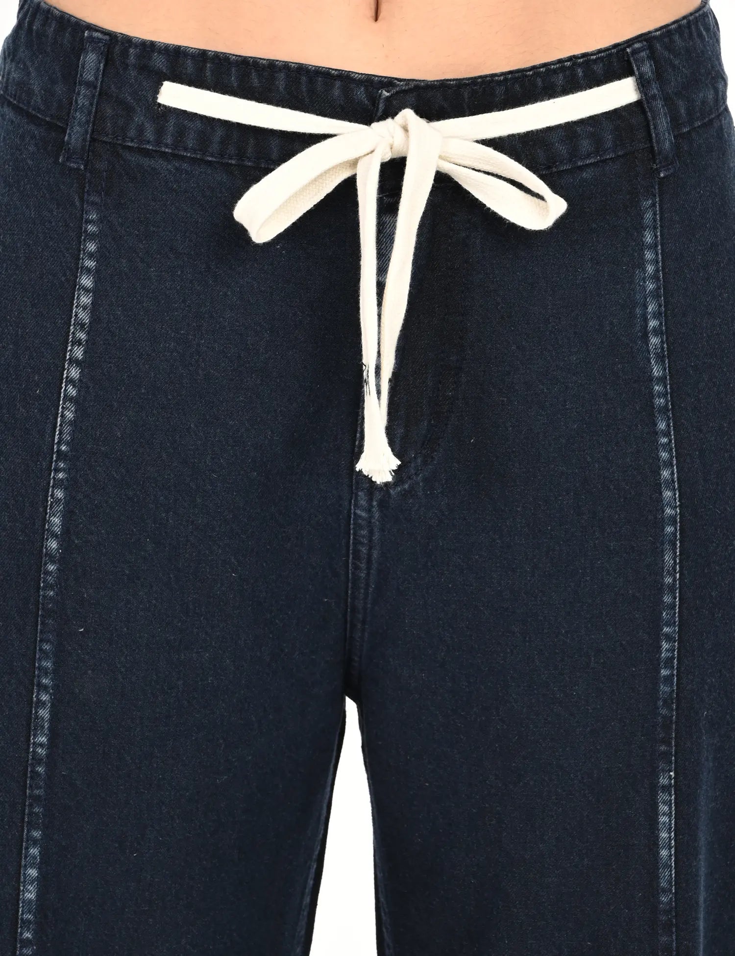 Dark Blue High-Rise Denim Jogger Pants with Drawstring