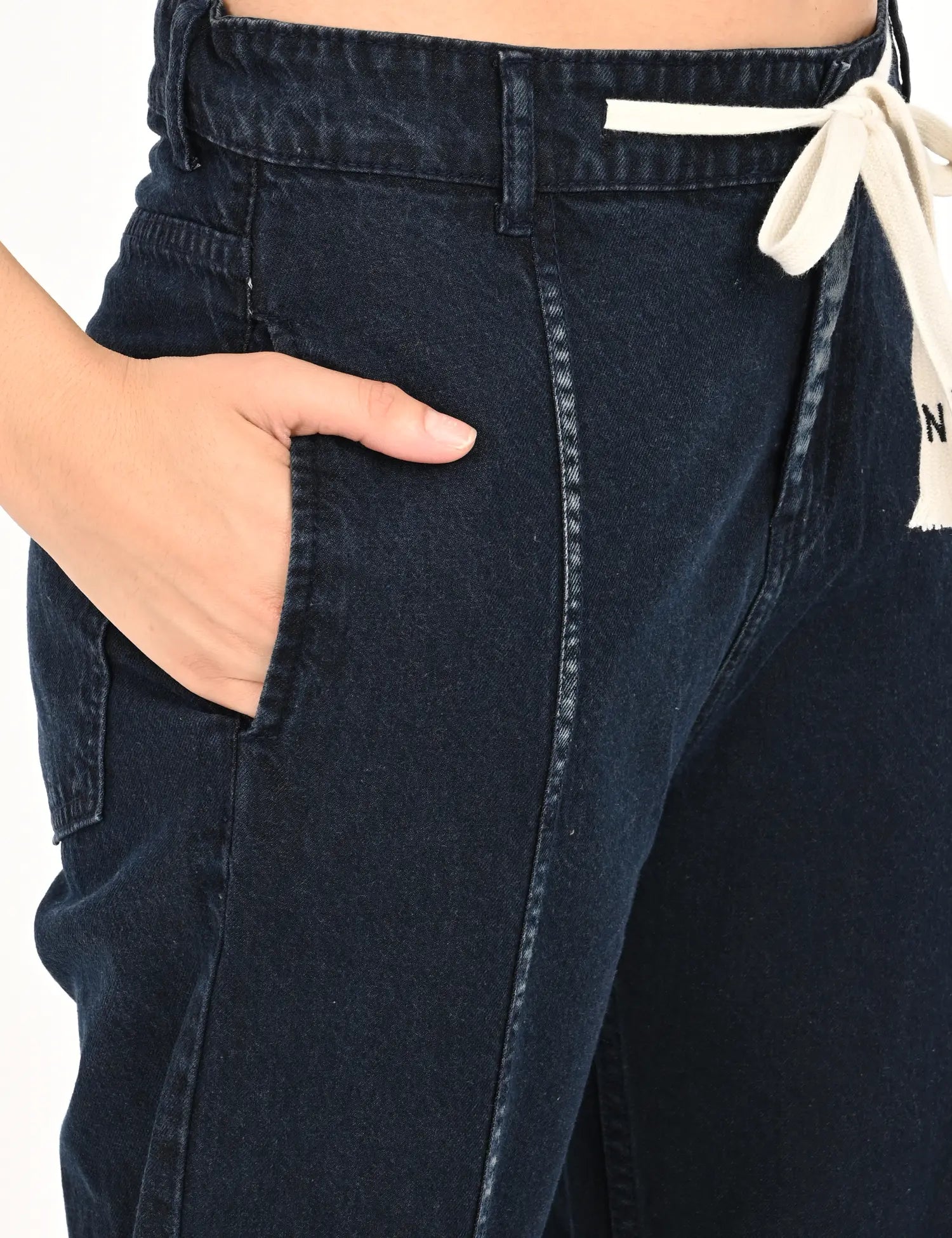 Dark Blue High-Rise Denim Jogger Pants with Drawstring