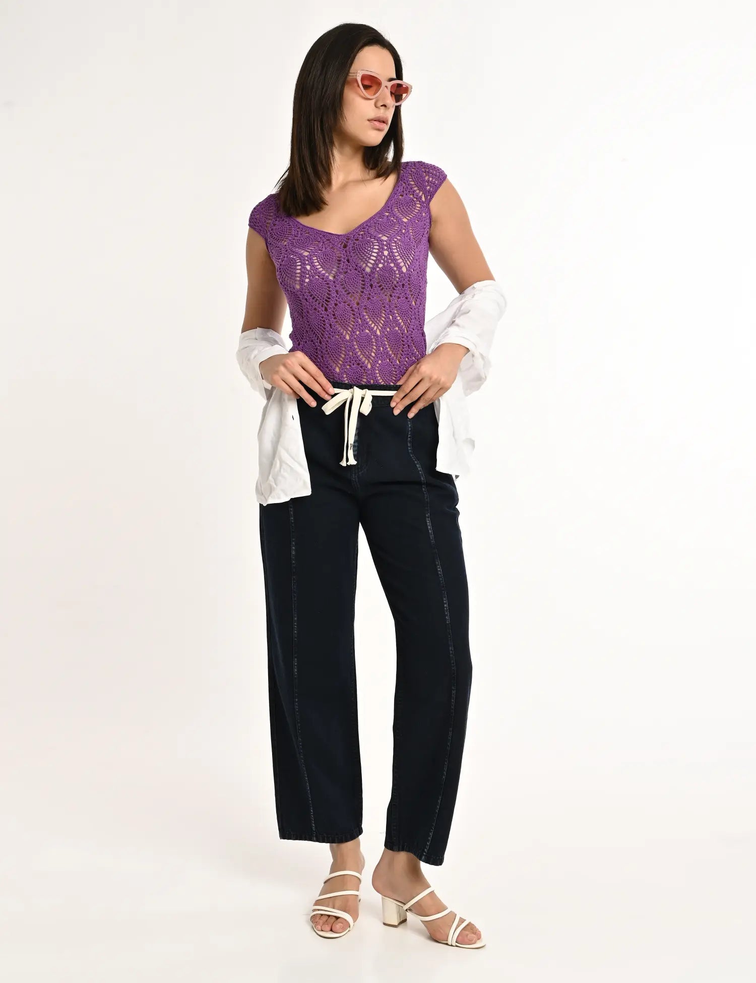 Dark Blue High-Rise Denim Jogger Pants with Drawstring