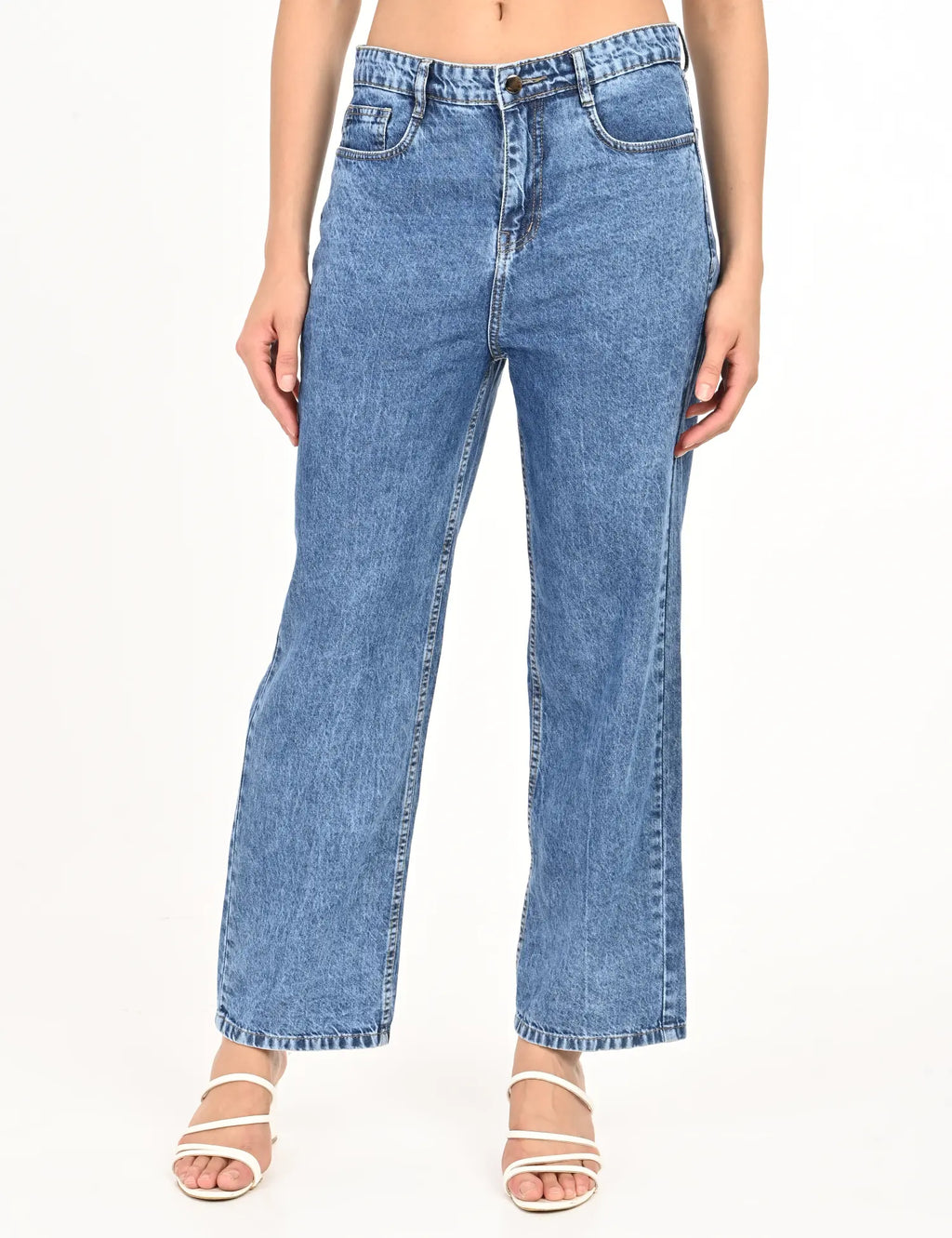 Light Blue High-Rise Wide-Leg Jeans with Metal Button Detailing