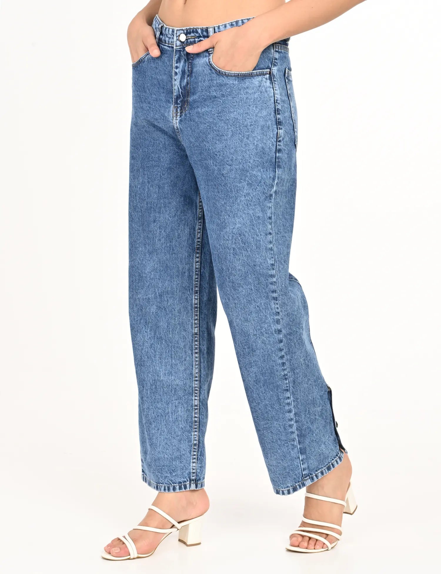 Light Blue High-Rise Wide-Leg Jeans with Metal Button Detailing