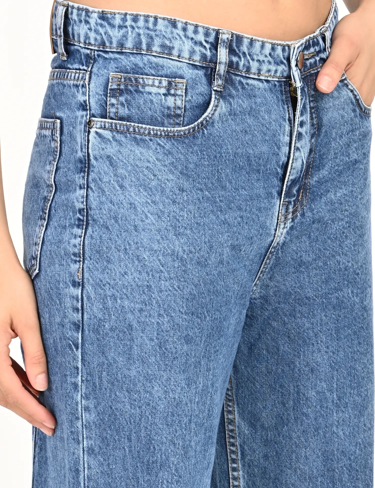Light Blue High-Rise Wide-Leg Jeans with Metal Button Detailing