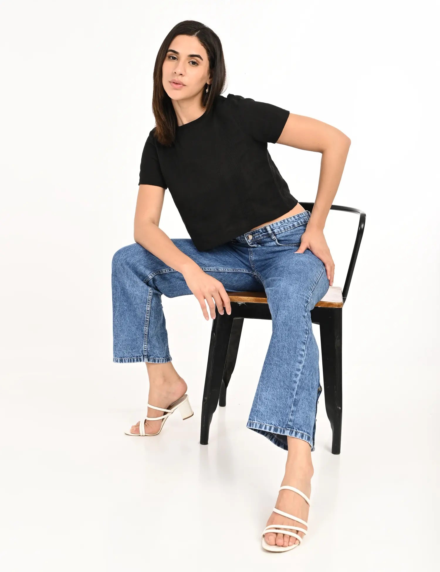 Light Blue High-Rise Wide-Leg Jeans with Metal Button Detailing